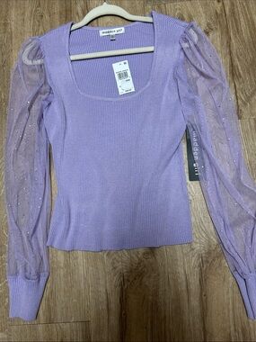 Madden Girl Lavender Ribbed Top with Sheer Sparkle Sleeves